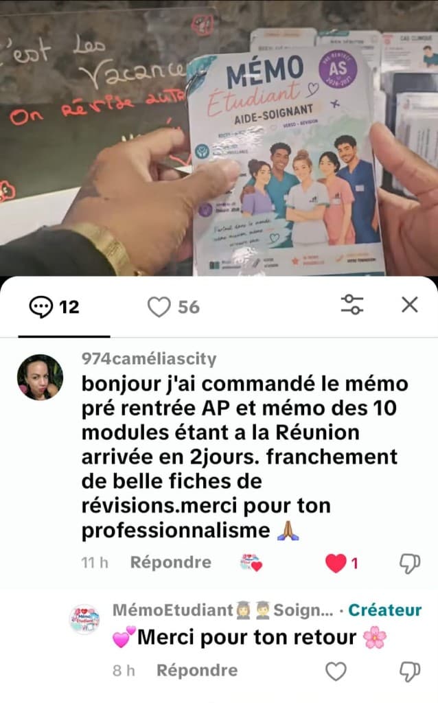 Capture TikTok : une cliente à La Réunion confirme la livraison en 2 jours et la qualité des fiches Mémo Étudiant Aide-Soignant.